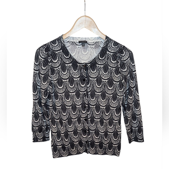Talbots Sweaters - Talbots Cardigan Small Black Ivory 3/4 Sleeve Lightweight Geometric Knit Career